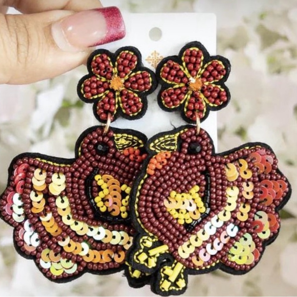 Colorful Beaded Turkey Earrings - Picture 2 of 2